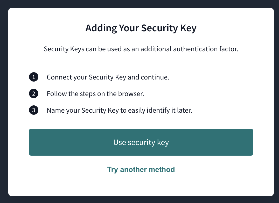 Example of the Security Key activation window. Example of the Security Key activation window.