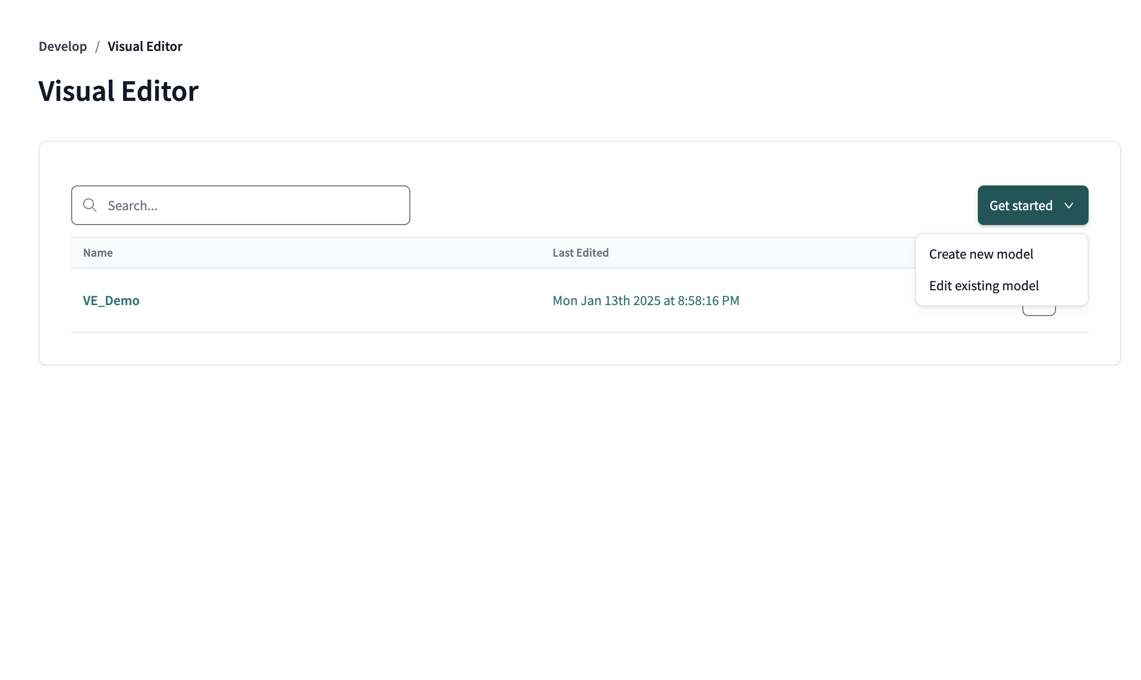 Create a new model from the Visual Editor landing page. Create a new model from the Visual Editor landing page.
