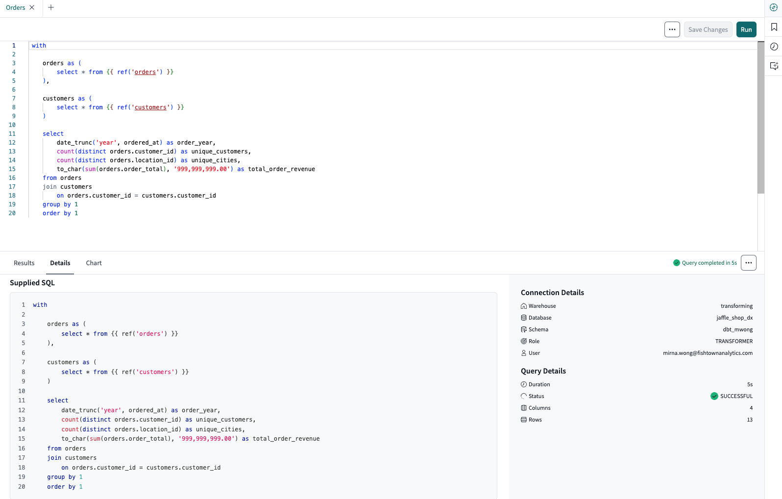 dbt Insights Details tab dbt Insights Details tab